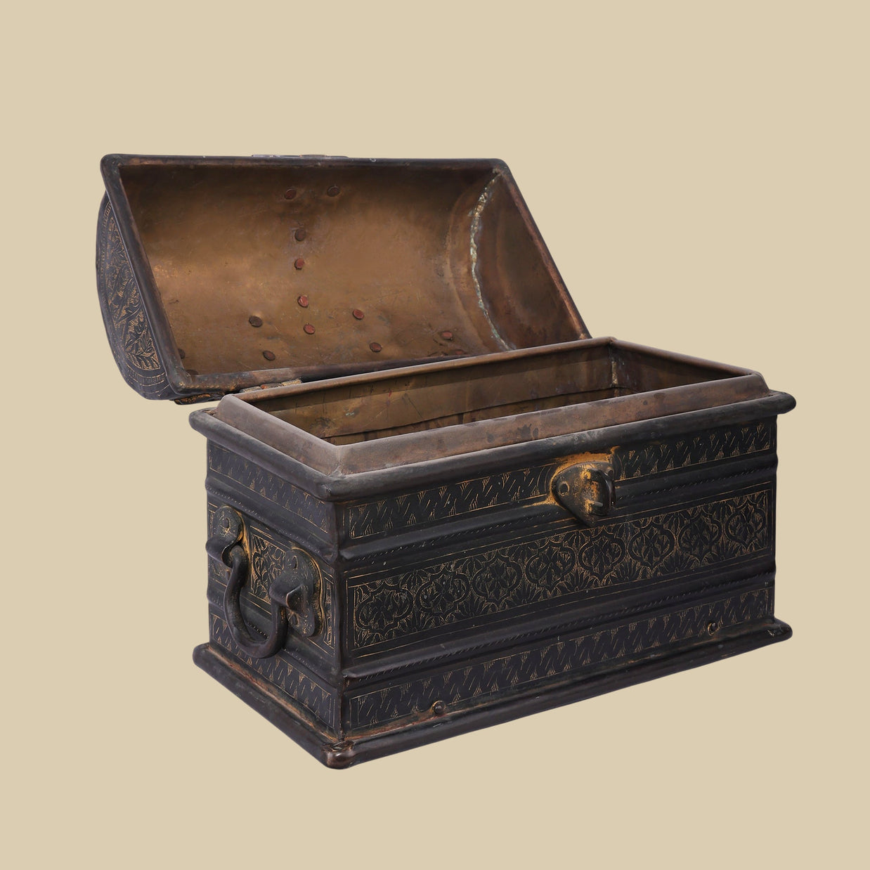 Zarafshan Kothi 11 Inch Antique Engraved Brass Storage Box, Vintage Handcrafted Treasure Chest for Home Decor