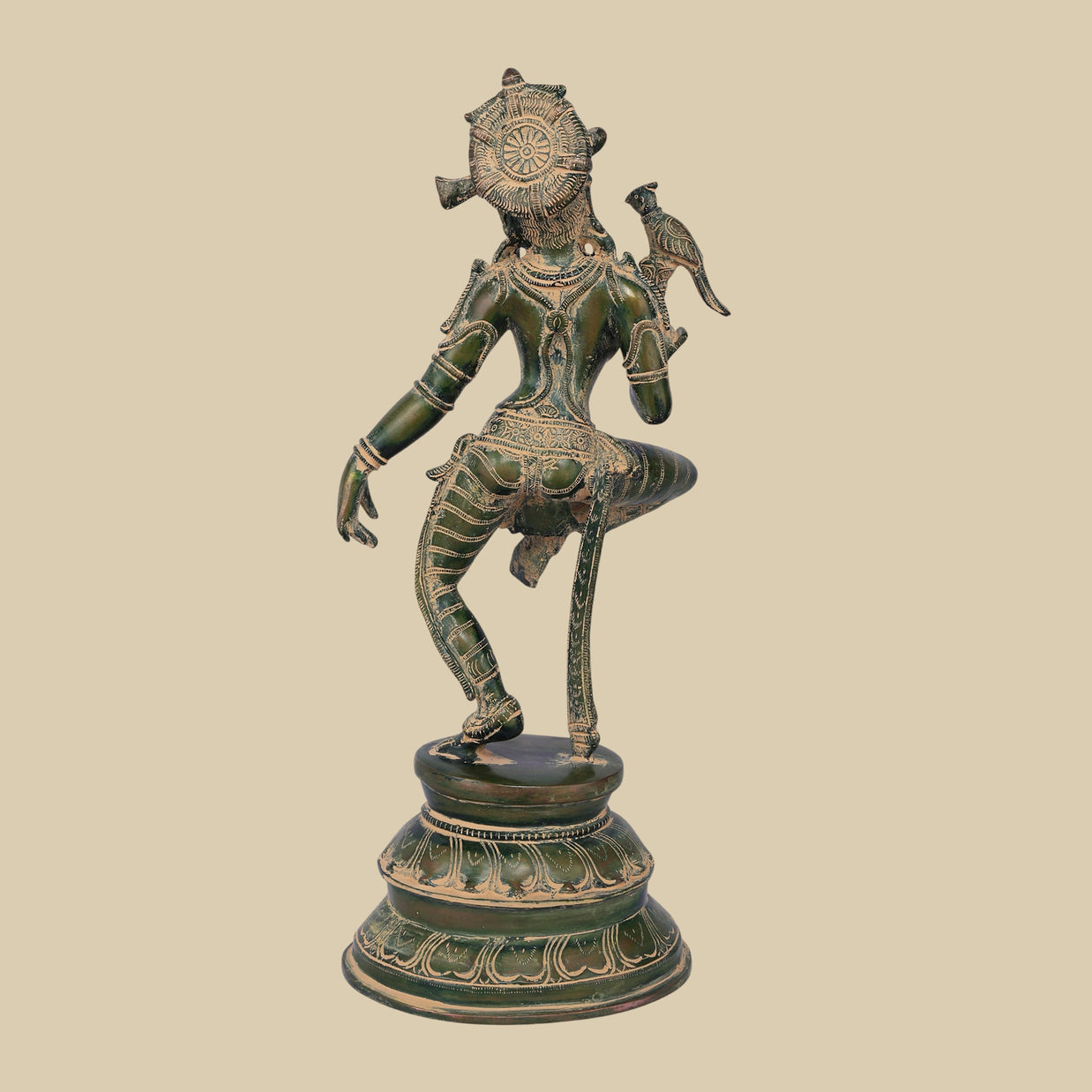 Vintage Brass Dancing Apsara with Parrot Figurine, 17 Inch Chola Style Sculpture for Interiors