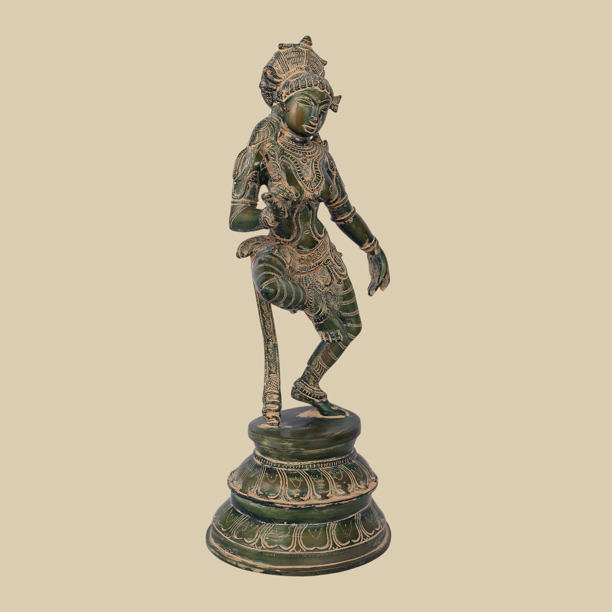 Vintage Brass Dancing Apsara with Parrot Figurine, 17 Inch Chola Style Sculpture for Interiors