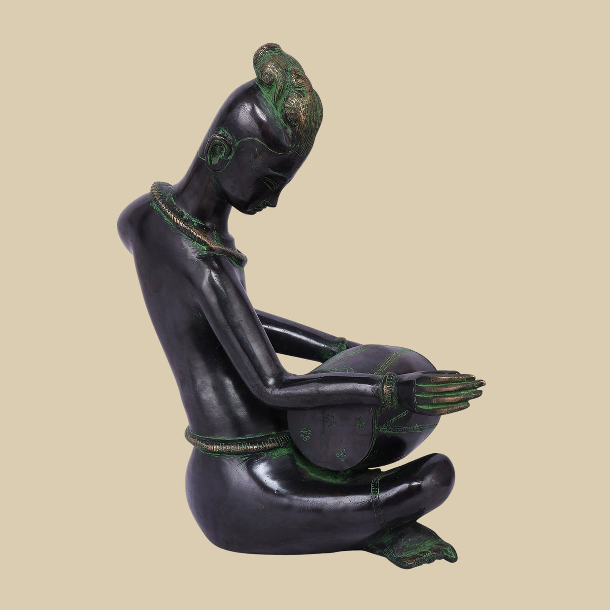 Tribal musician Brass Sculpture playing Dholak,13 Inch Handcrafted Art Piece for Elegant Décor