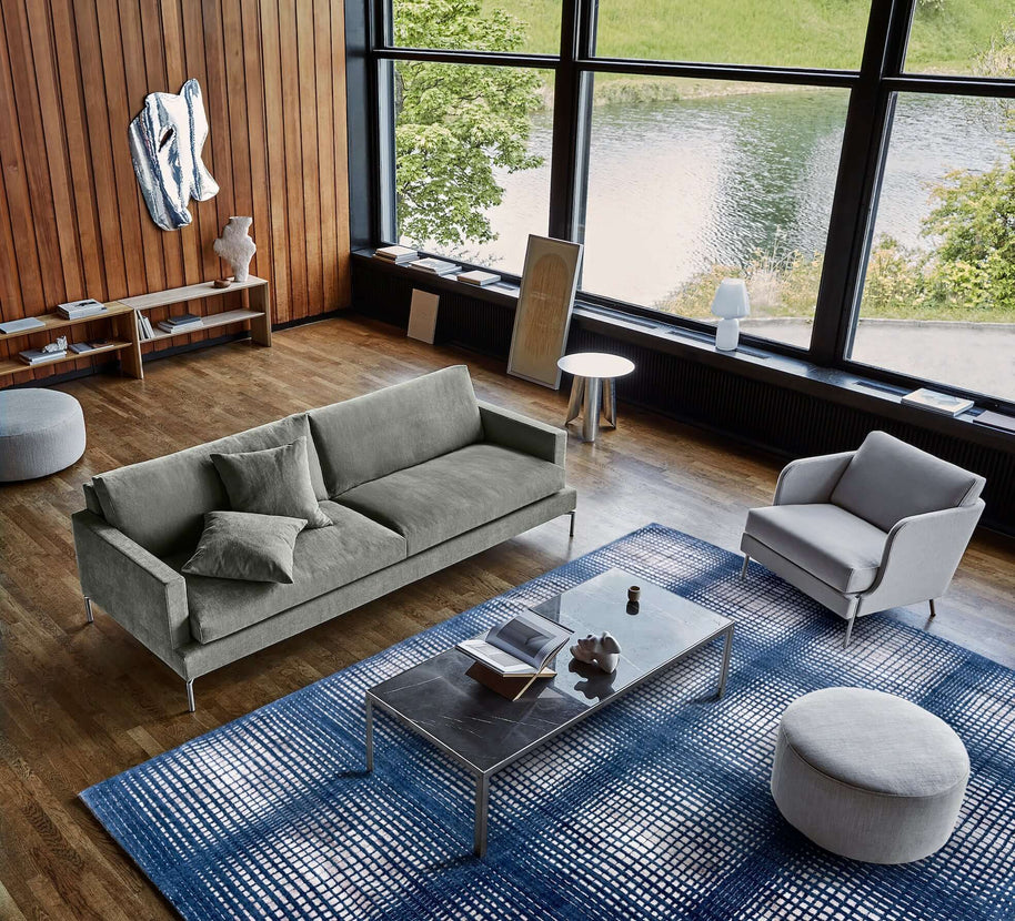 E L I O luxury handmade rug by Cherom in blue wool and bamboo silk.