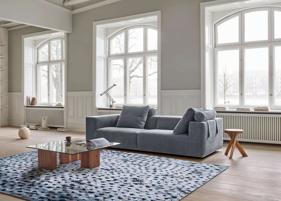 Y U K O luxury handmade rug by Cherom in blue wool, modern contemporary design.