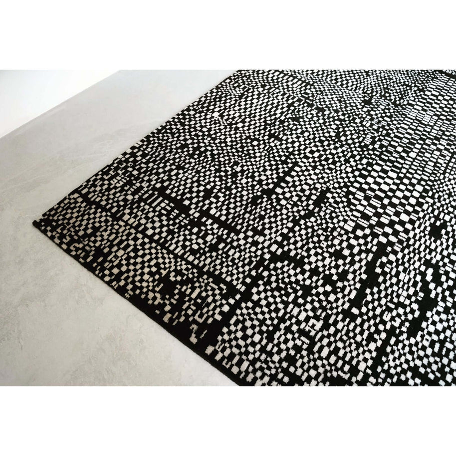 E U G E N E luxury handmade rug by Cherom, black and white New Zealand wool, modern contemporary design.