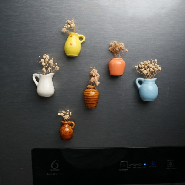 Garden Whispers Fridge Magnet Set of 6 | Mini Ceramic Flower Vase Magnets - https://artecasa.in/