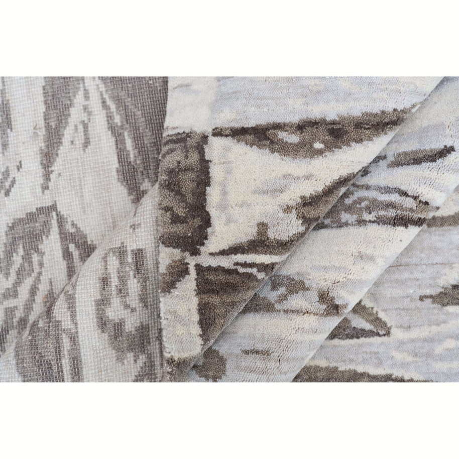 C L I F T O N luxury handmade rug by Cherom, bamboo silk, New Zealand wool, modern gray tones.