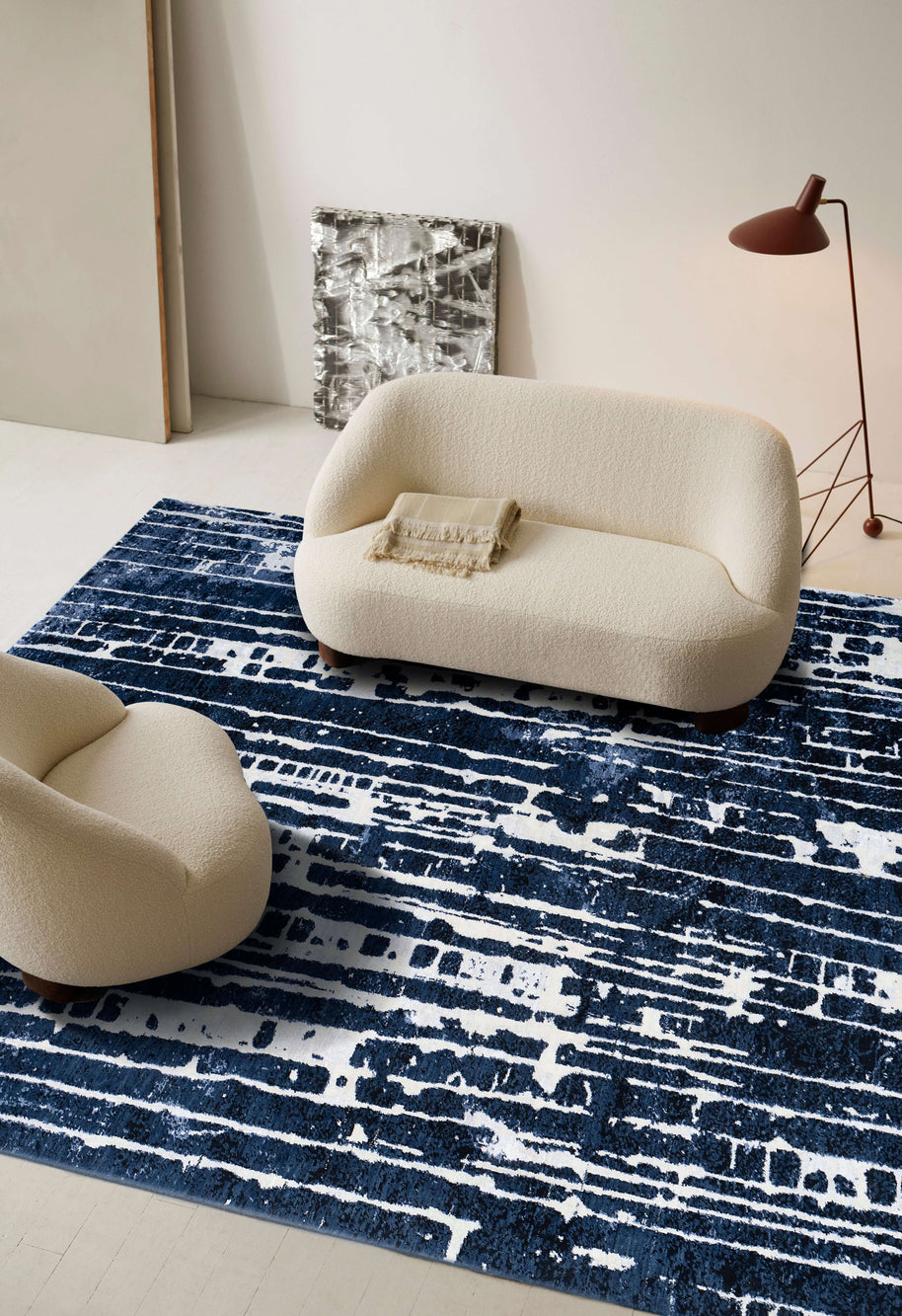 M A R C O N I luxury handmade rug by Cherom in blue New Zealand wool, modern contemporary design.