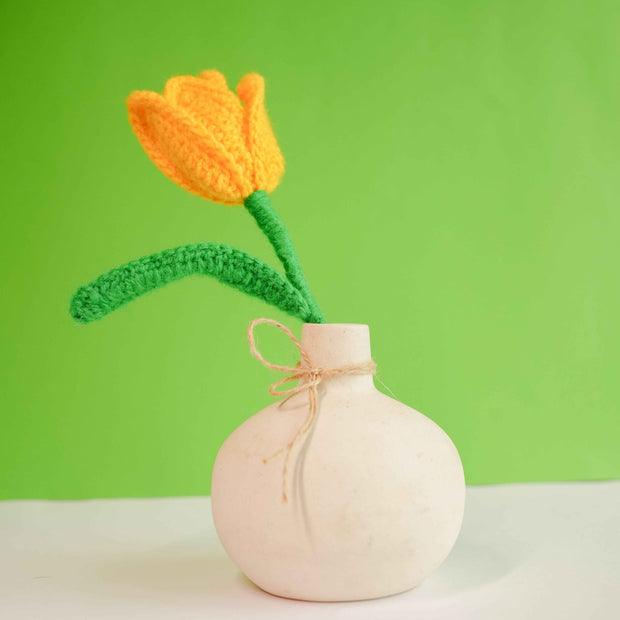 Ceramic Onion Vase with Crochet Flower – Aesthetic Home Decor Vase with Handmade Yellow Crochet Bloom