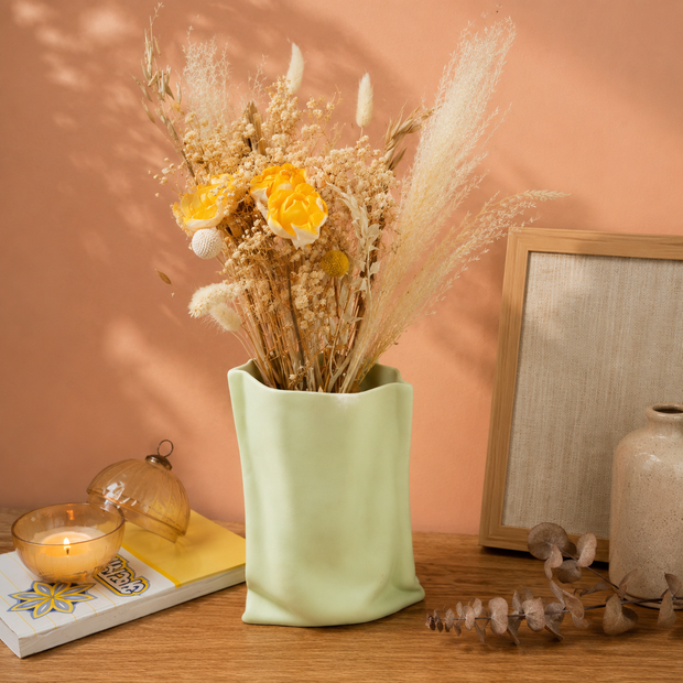 Matcha Muse Sculpted Vase with Dried Flowers | Modern Decorative Vase - https://artecasa.in/