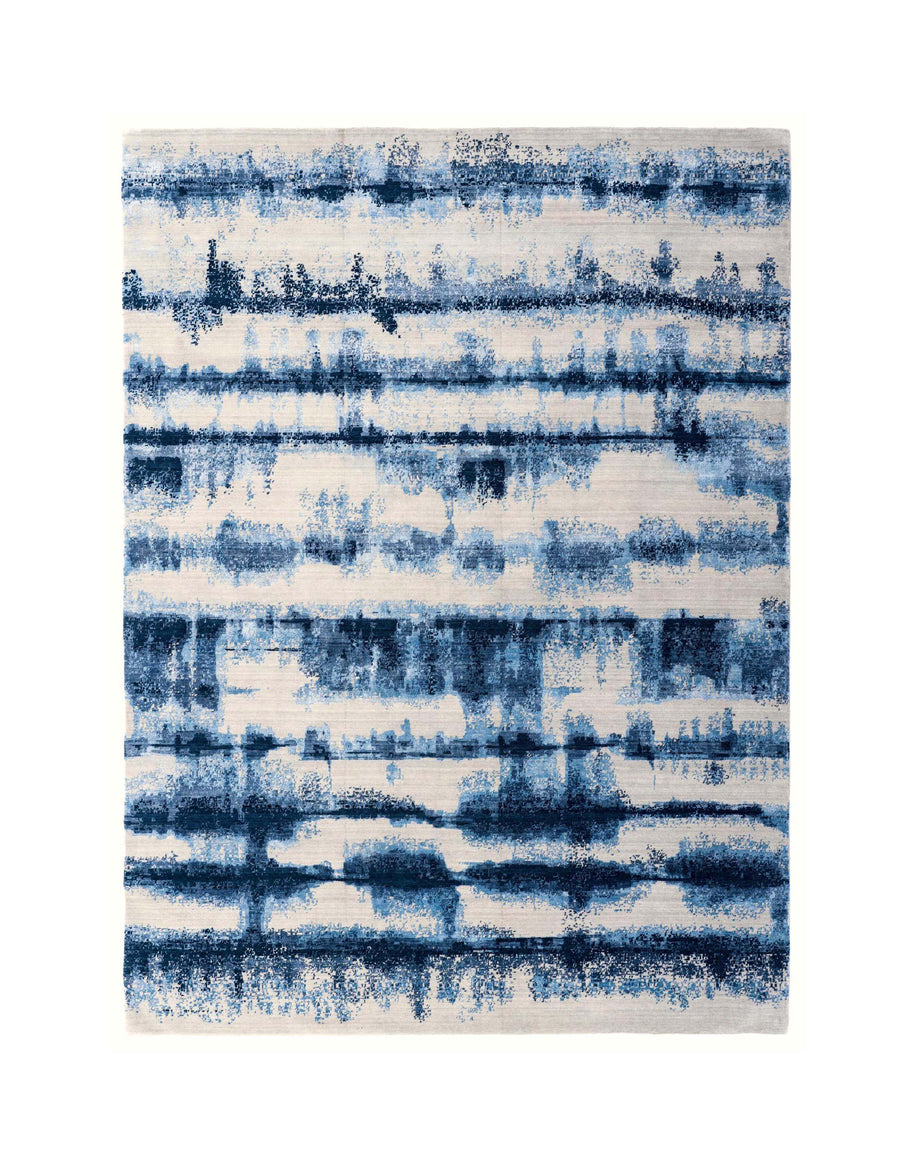 A M B R E T T E luxury handmade rug by Cherom in blue and cream New Zealand wool, modern contemporary design.