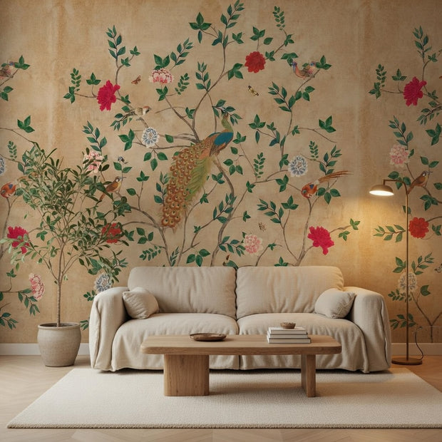 Pakhi Chinoiserie Design Customised Wallpaper for Rooms, Beige