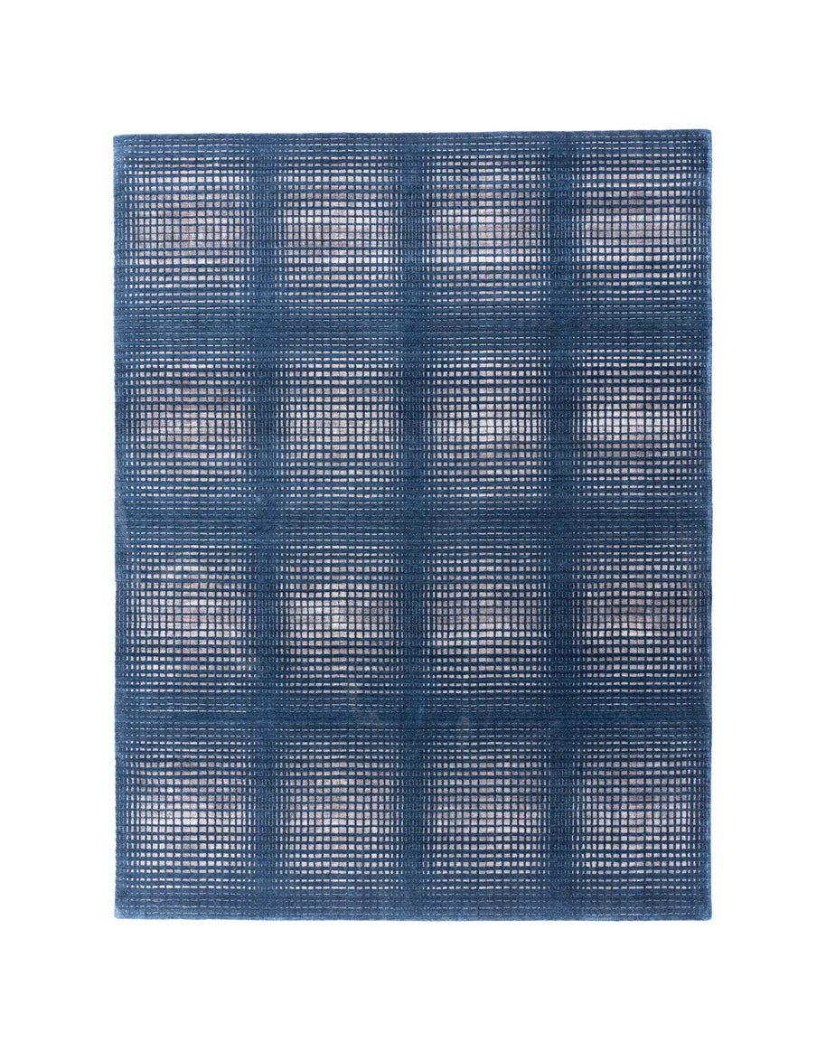 E L I O luxury handmade rug by Cherom in blue, wool and bamboo silk, modern geometric design.