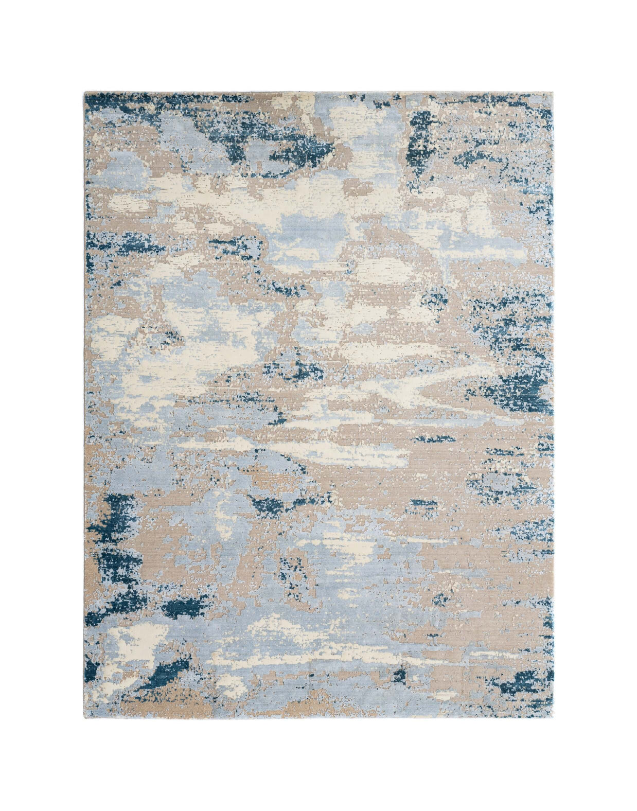B E R E T T A luxury handmade rug by Cherom, blue and beige New Zealand wool, modern contemporary design.