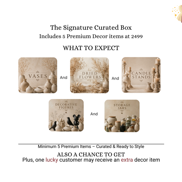 Curated mystery box featuring decorative figurines, storage jars, candle holders and vase decor