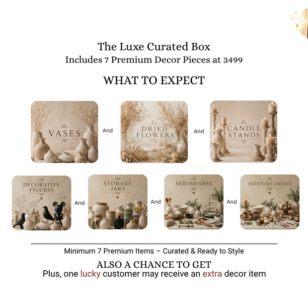 Premium home decor mystery box featuring dried flowers, ceramic decor and luxury serveware