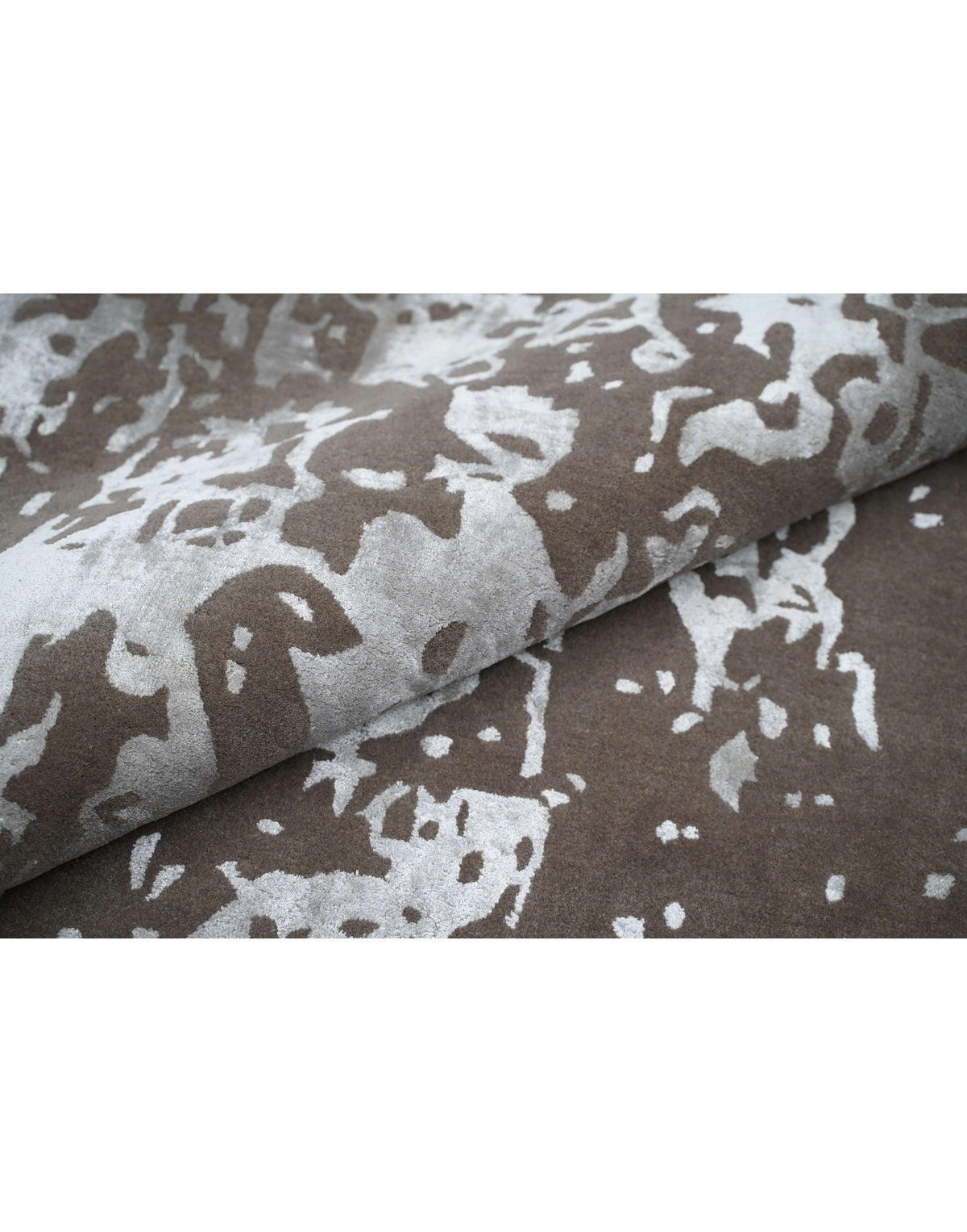 I R V I N G luxury handmade rug by Cherom in brown and gray New Zealand wool, modern abstract design.