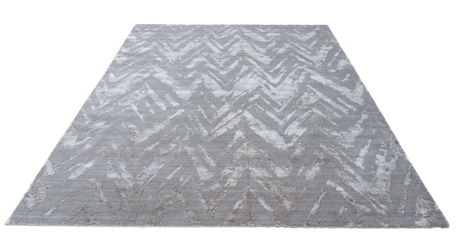 C E L I N E luxury handmade rug by Cherom in grey, bamboo silk and wool, modern geometric design.