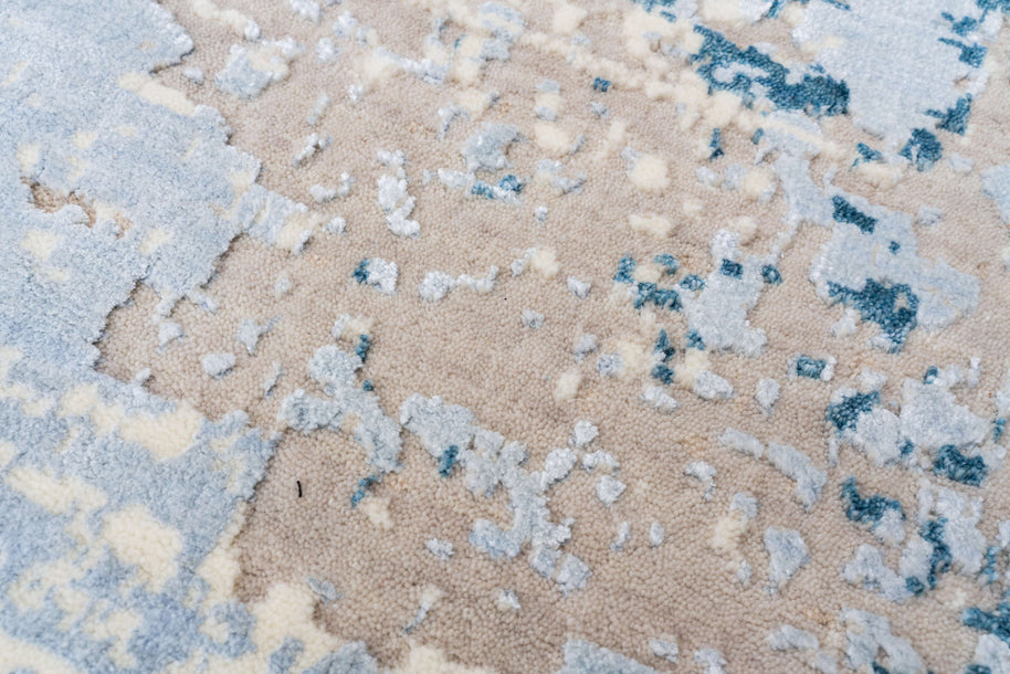 B E R E T T A luxury handmade rug by Cherom in blue and beige New Zealand wool, modern contemporary design.