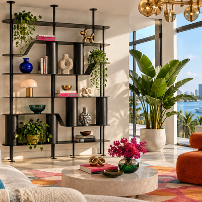 A modern black metal open shelving unit with multiple tiers and curved side panels, styled with books, vases, and plants in a bright contemporary living room. The room features large windows overlooking a waterfront city view, with an orange accent chair, a marble coffee table, and a colorful abstract painting on the wall.