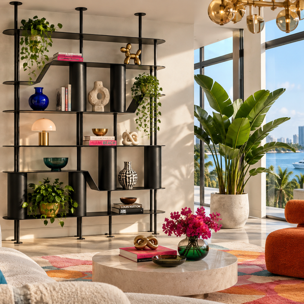 A modern black metal open shelving unit with multiple tiers and curved side panels, styled with books, vases, and plants in a bright contemporary living room. The room features large windows overlooking a waterfront city view, with an orange accent chair, a marble coffee table, and a colorful abstract painting on the wall.