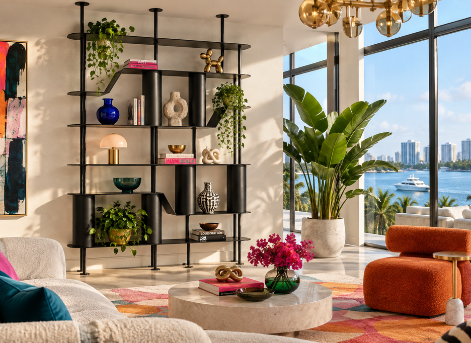 A modern black metal open shelving unit with multiple tiers and curved side panels, styled with books, vases, and plants in a bright contemporary living room. The room features large windows overlooking a waterfront city view, with an orange accent chair, a marble coffee table, and a colorful abstract painting on the wall.