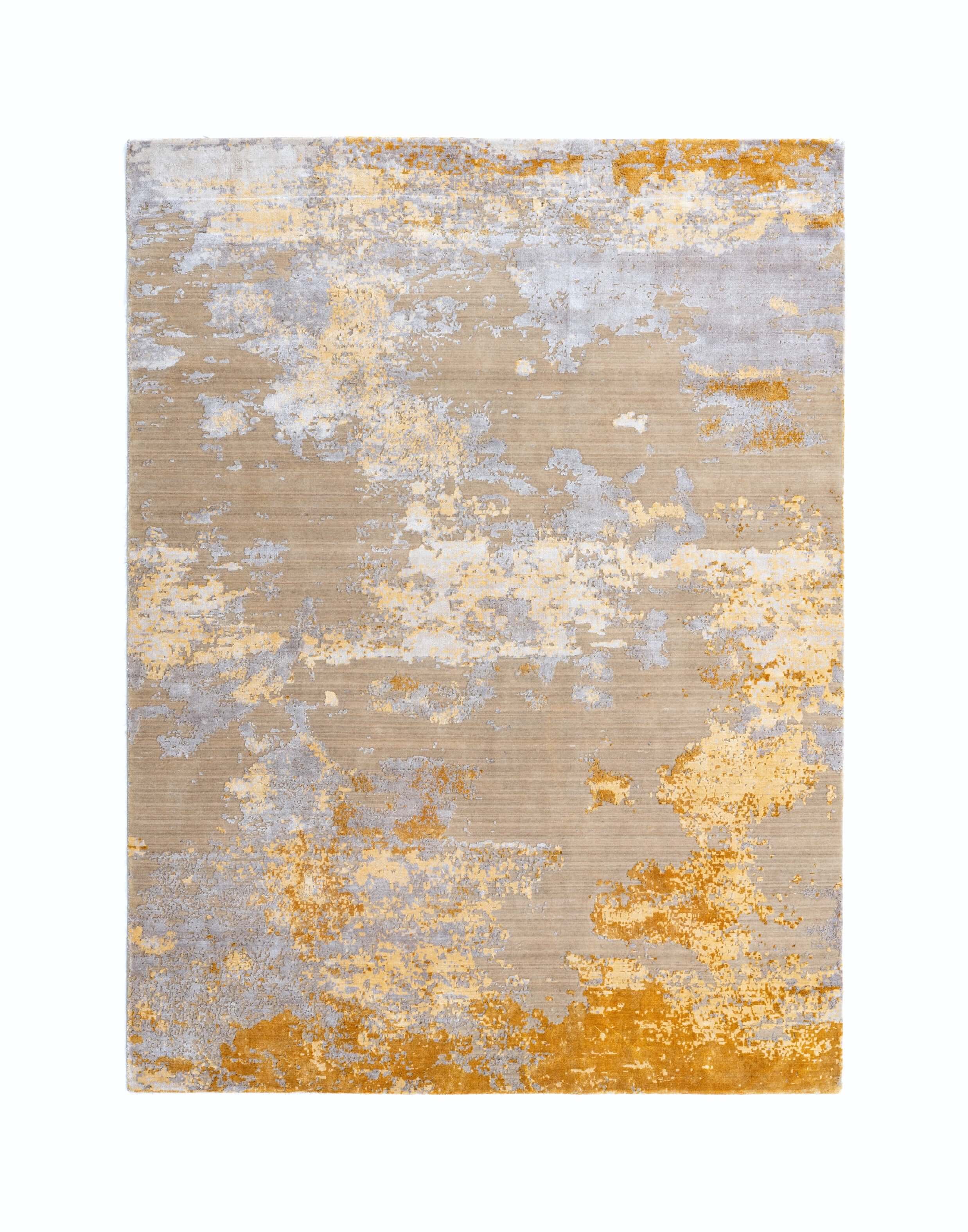 A S T O N - G O L D luxury handmade rug by Cherom, gold and blue, New Zealand wool, contemporary design.