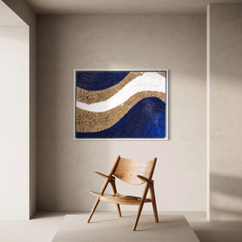 An elegant blue and gold wave painting, perfect for adding a sophisticated touch to living room or bedroom decor