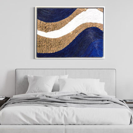 A captivating blue and gold wave artwork, ideal for enhancing home interiors with a touch of elegance and refined taste.