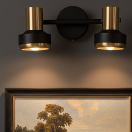 Wall-mounted light fixture with two gold bulbs on a dark wall above a framed landscape painting.