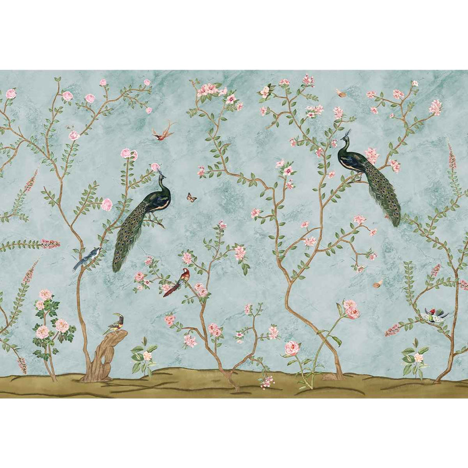 Bagiya, Peacock Chinoiserie Wallpaper in Indian Style, Light Blue, Customised