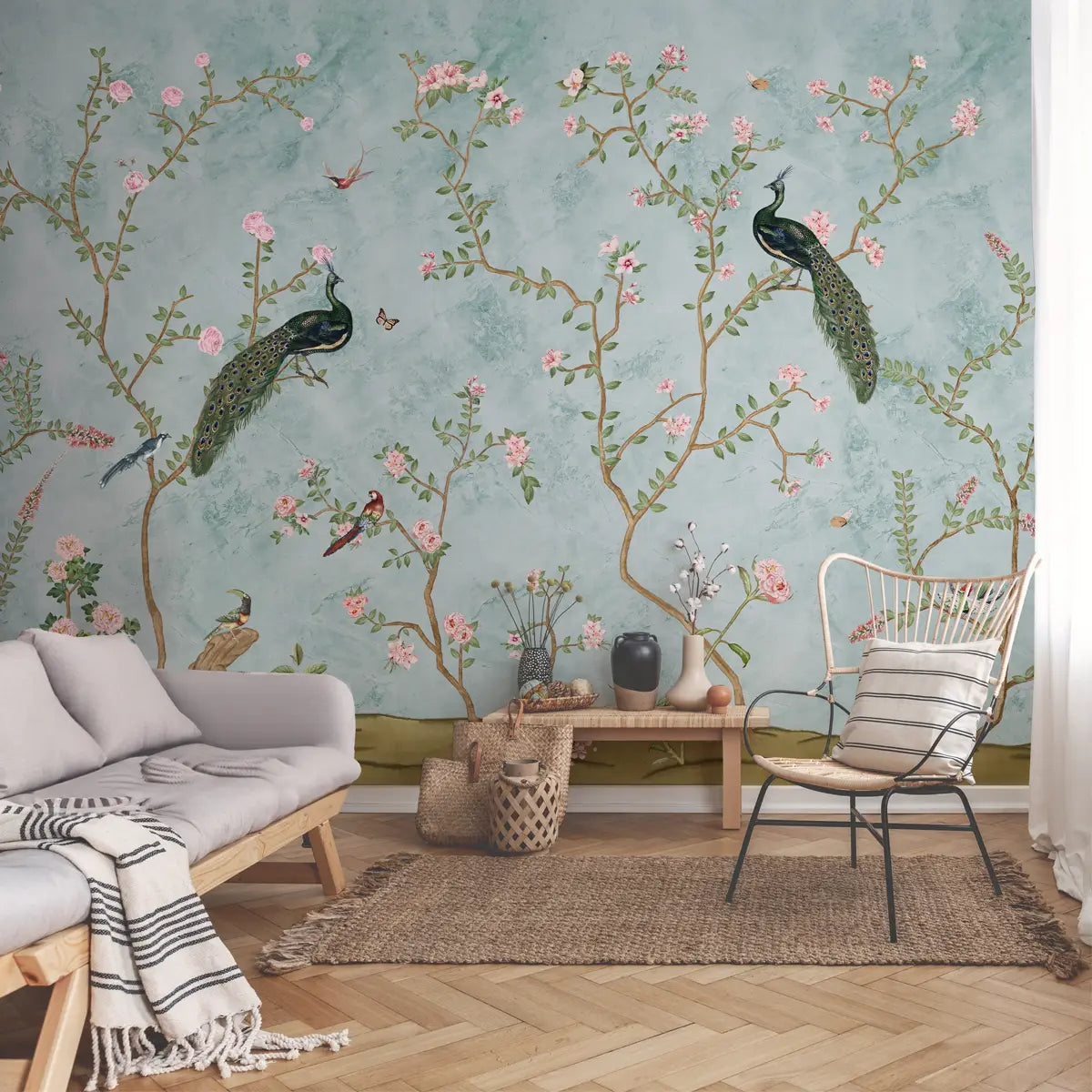 Bagiya, Peacock Chinoiserie Wallpaper in Indian Style, Light Blue, Customised