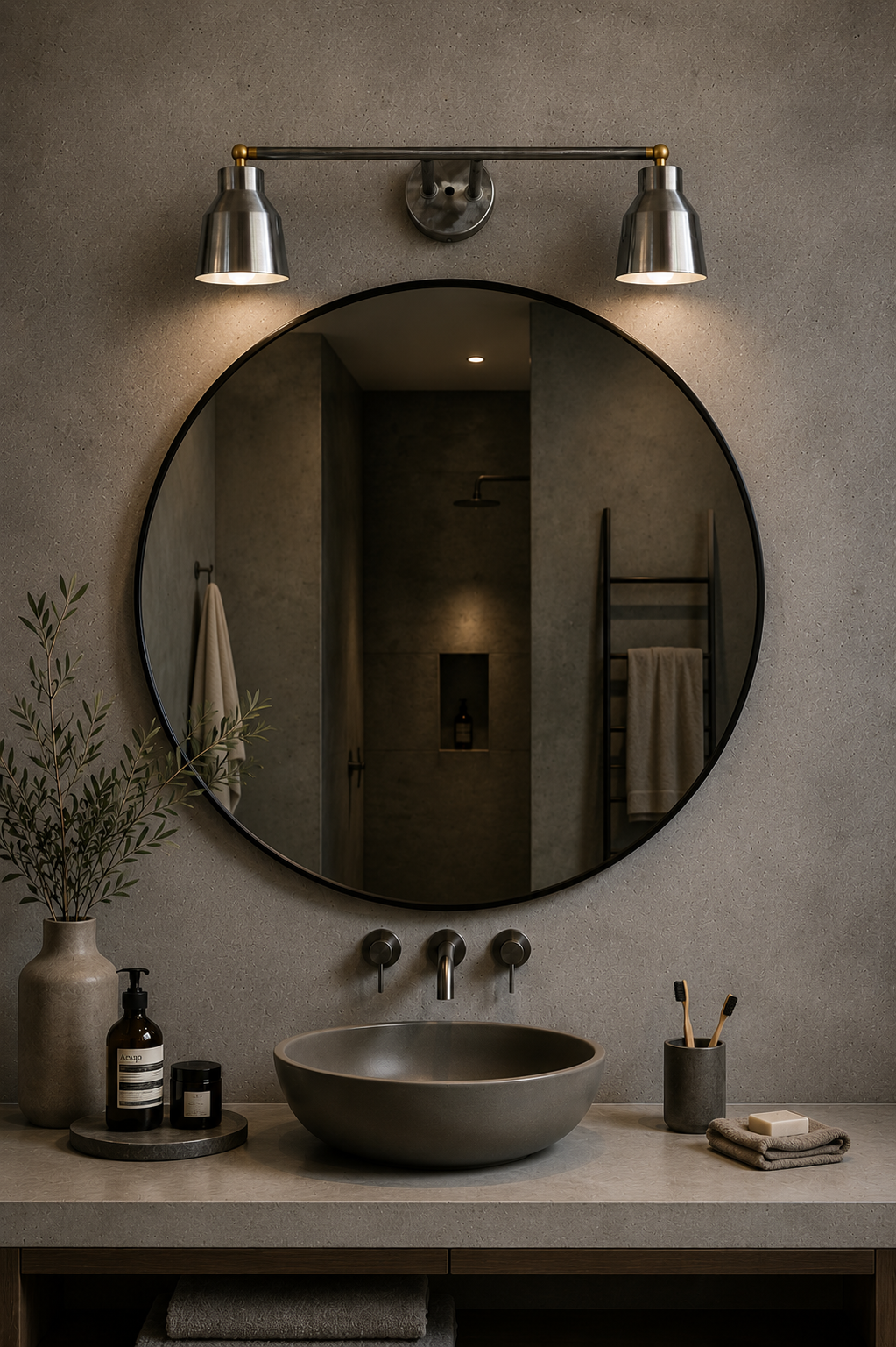 Bathroom vanity with round mirror, light fixture, and various items on a neutral background