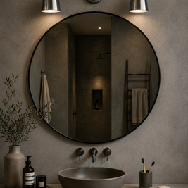 Bathroom vanity with round mirror, light fixture, and various items on a neutral background