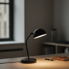 Black desk lamp on a wooden surface with a blurred background