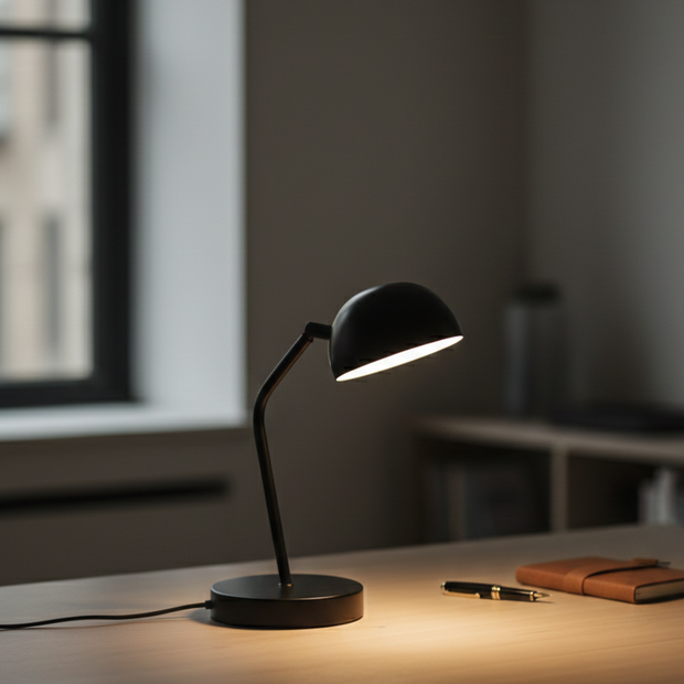 Black desk lamp on a wooden surface with a blurred background