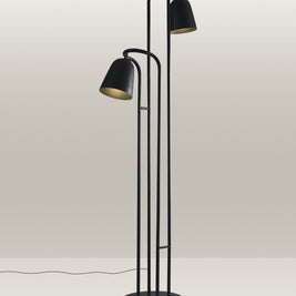 Black floor lamp with a streamlined silhouette and adjustable heads for directed illumination.