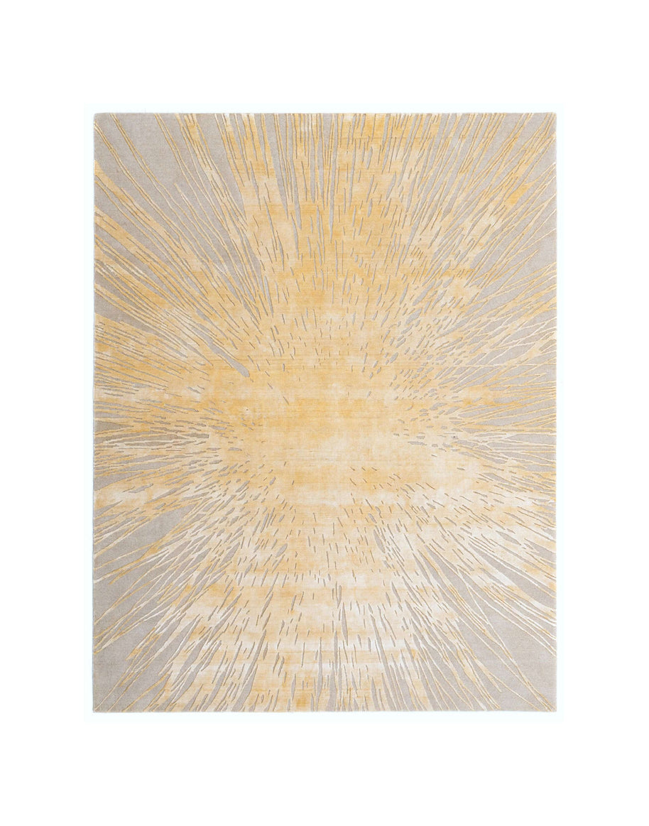 S U N B U R S T luxury handmade rug by Cherom, wool and viscose, modern beige design.