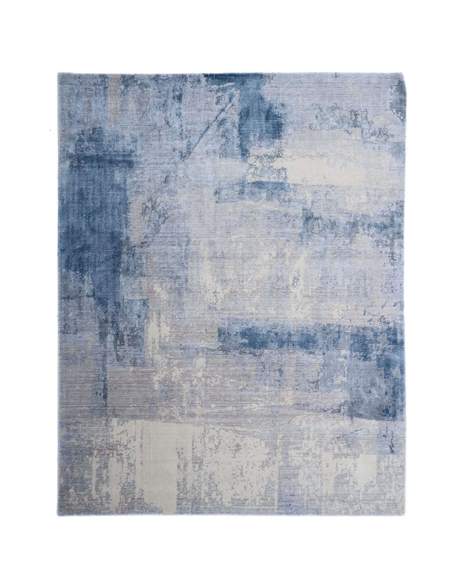 C A M U luxury handmade rug by Cherom in blue bamboo silk and New Zealand wool.
