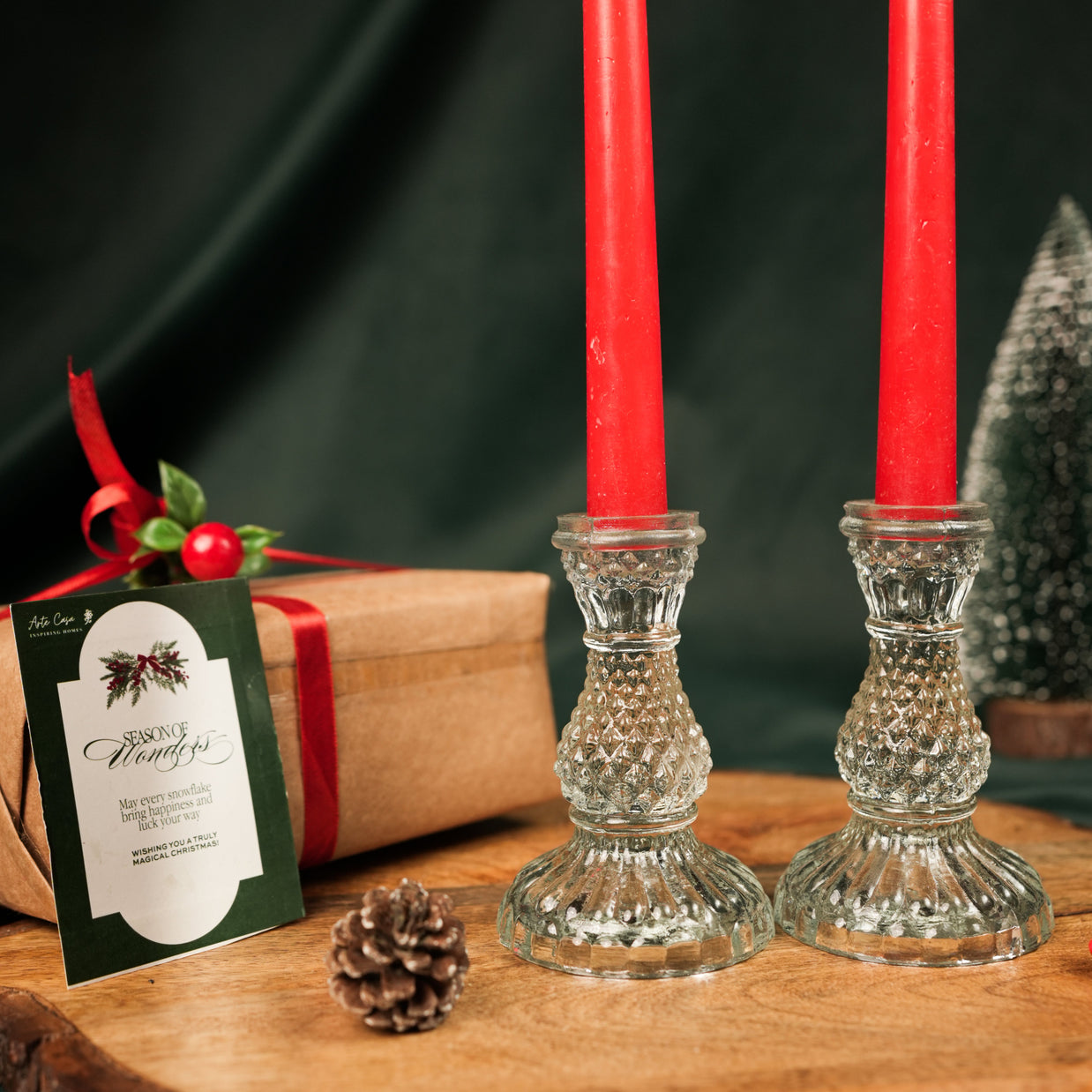 Glass Glow Candle Stand Set – Glass Taper Candle Holders with Red Taper Candles (Set of 2) | - https://artecasa.in/