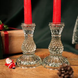 Glass Glow Candle Stand Set – Glass Taper Candle Holders with Red Taper Candles (Set of 2) | - https://artecasa.in/