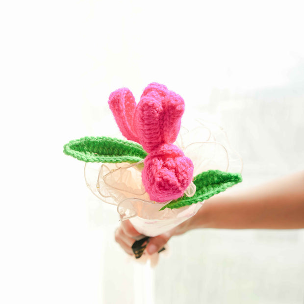 Stitched n Blossom Bunch – Dark Pink Crochet Tulip Flower Bouquet