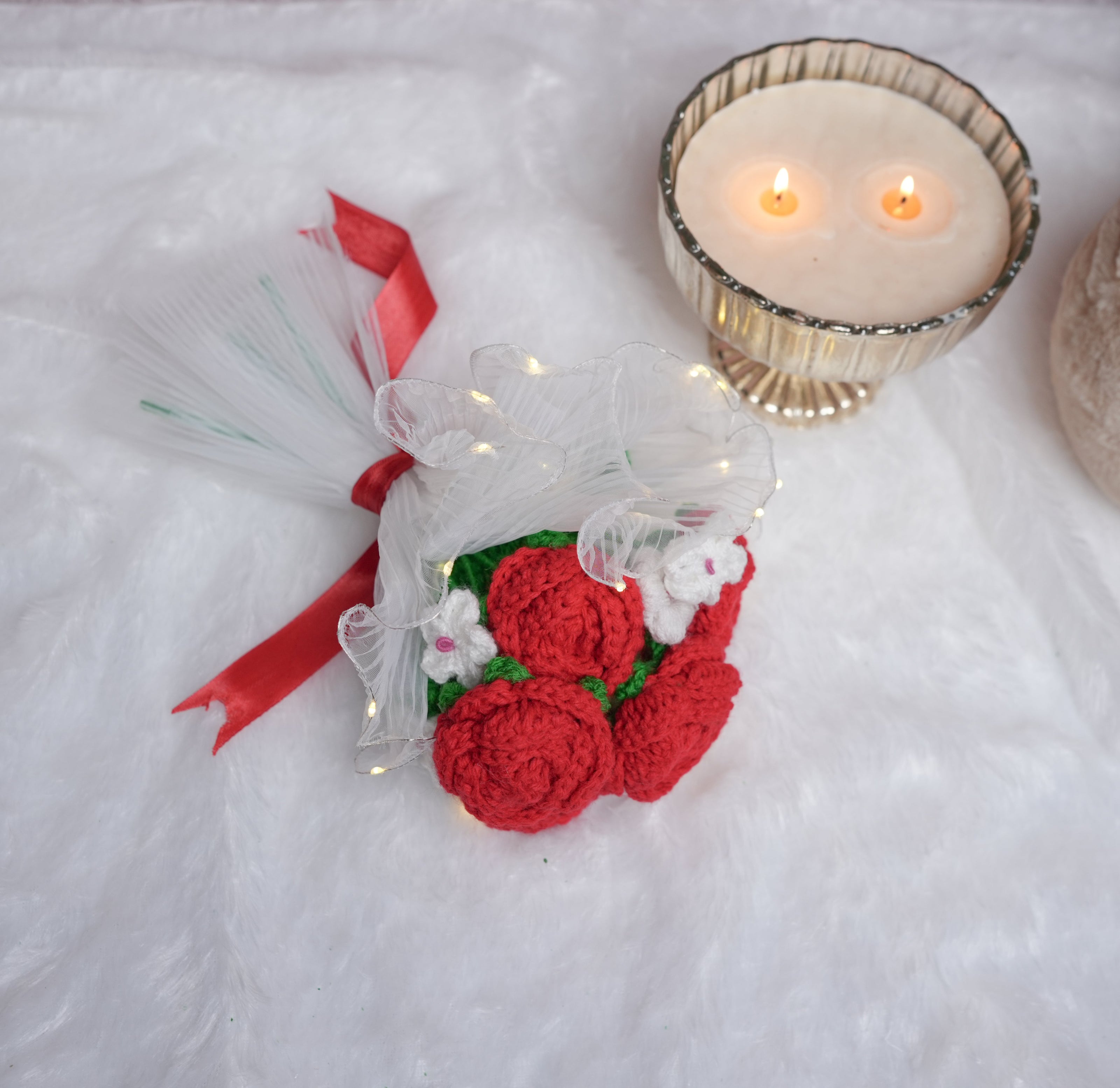 Radiant Red Rose Bloom – Handcrafted Crochet  with LED Glow | ArteCasa - https://artecasa.in/