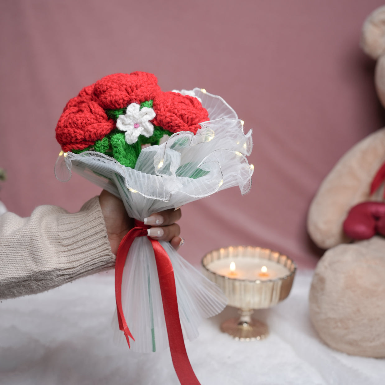Radiant Red Rose Bloom – Handcrafted Crochet  with LED Glow | ArteCasa - https://artecasa.in/
