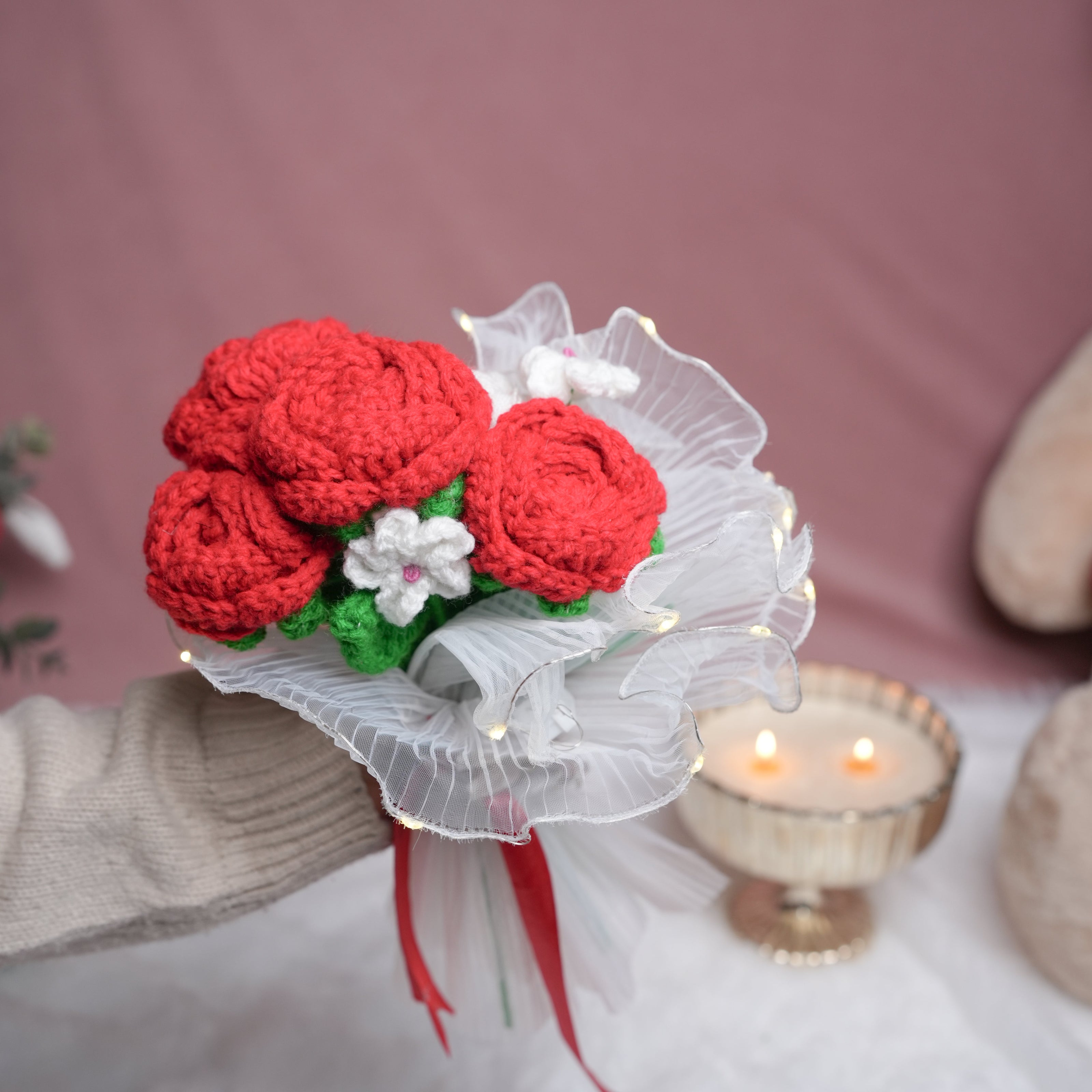 Radiant Red Rose Bloom – Handcrafted Crochet  with LED Glow | ArteCasa - https://artecasa.in/