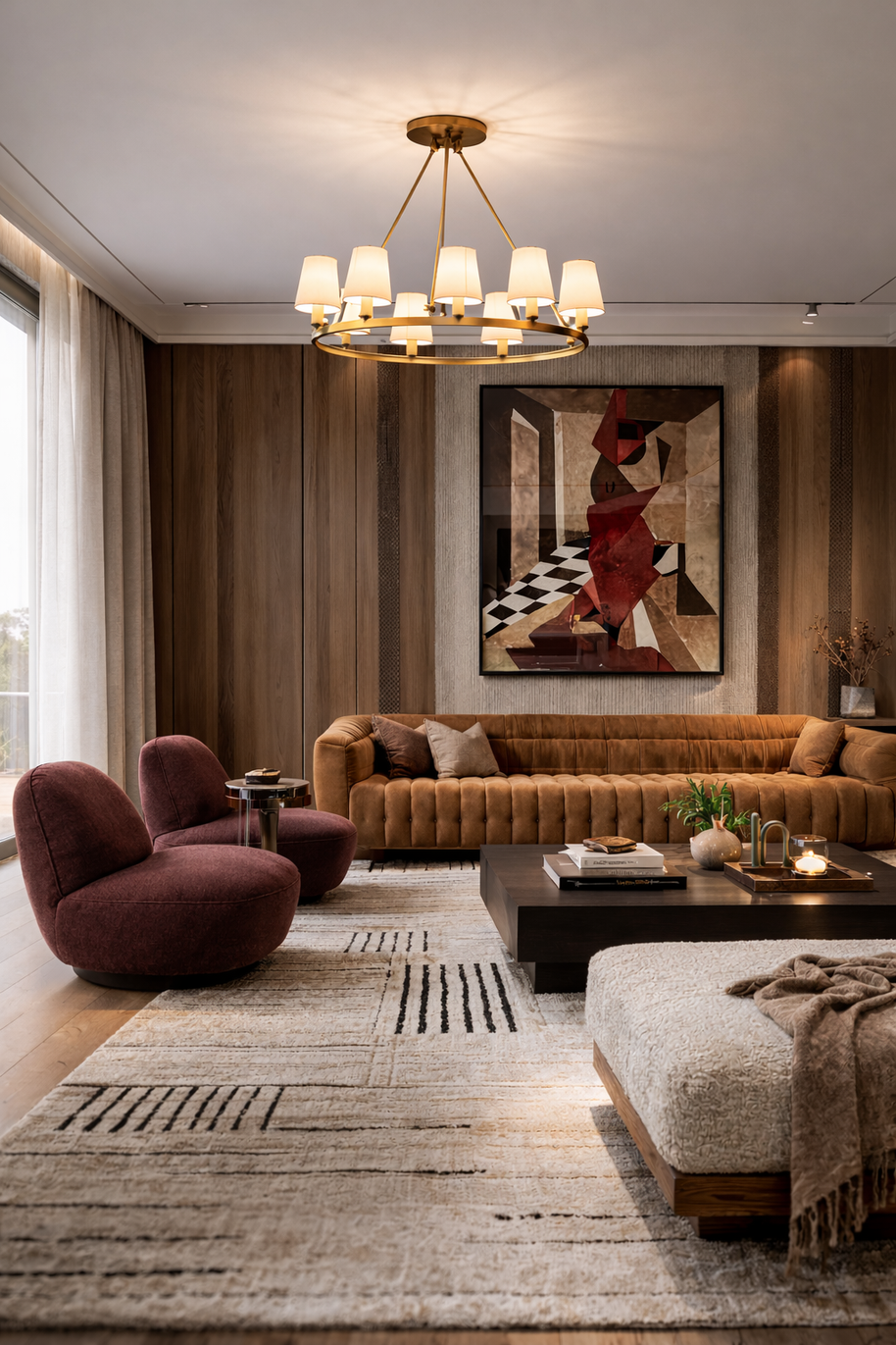 Modern living room with brown sofa, purple armchair, and abstract painting on wall.