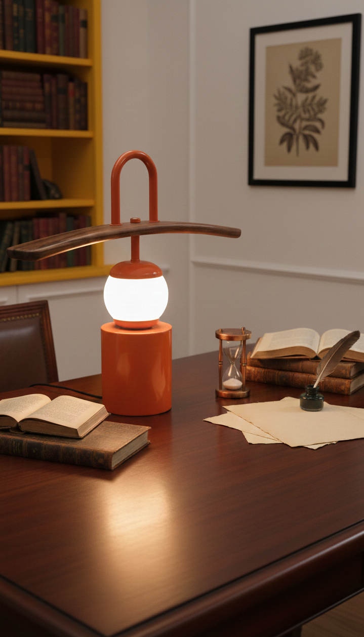 Desk lamp on a wooden desk with books and stationery items.