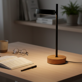 Desk lamp on a wooden desk with books, glasses, and a pen in a home office setting.