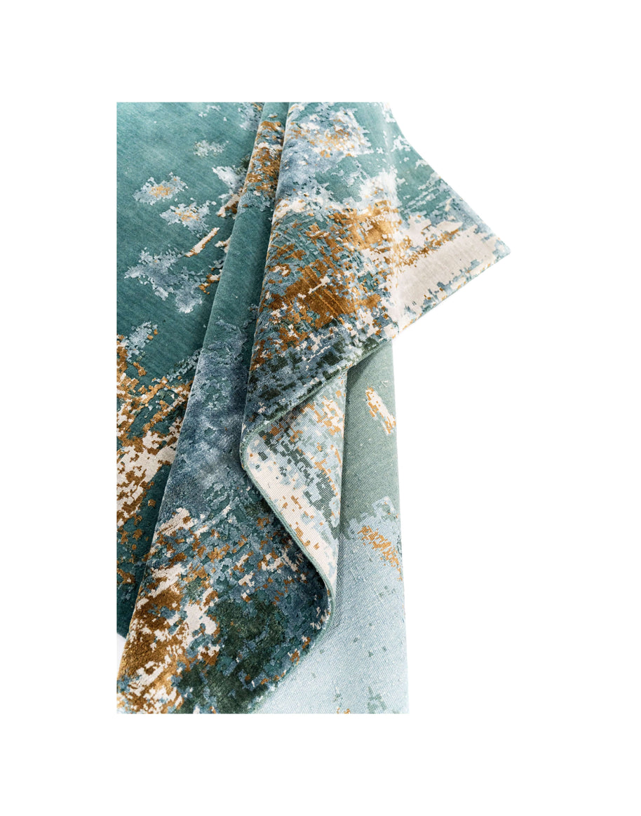 A S T O N - T E A L luxury handmade rug by Cherom, New Zealand wool, contemporary design, rich teal and gold tones.
