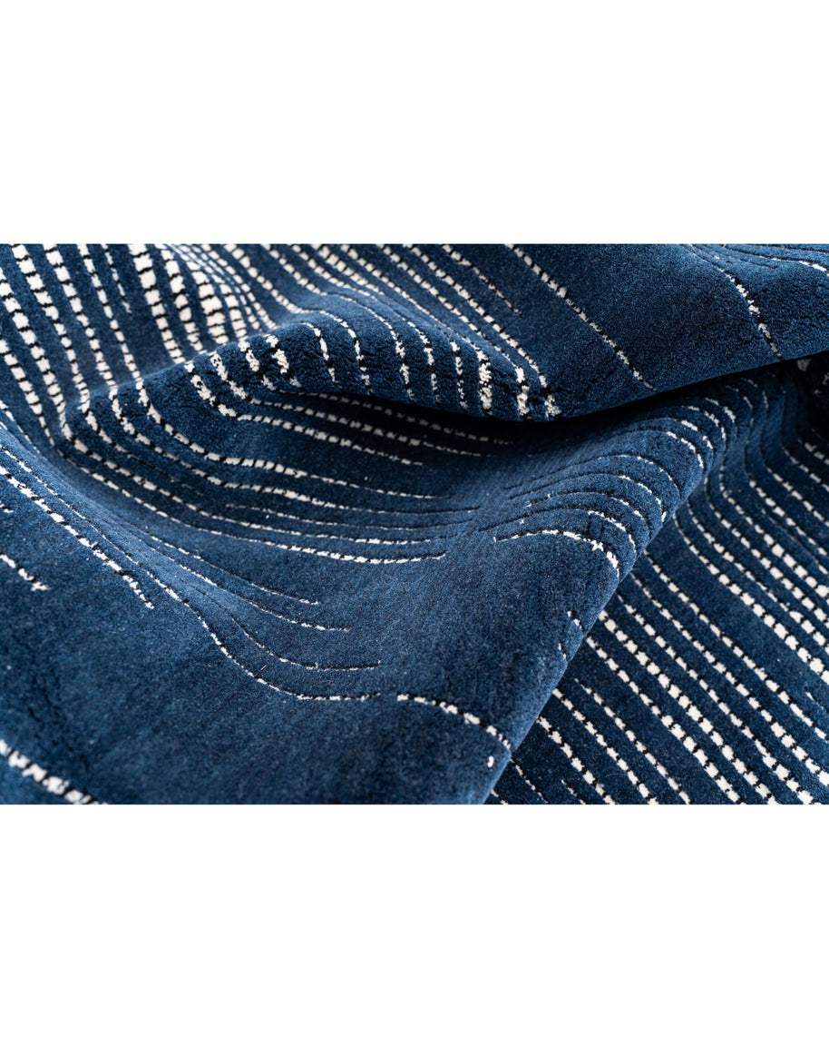 H A R V E Y luxury handmade rug by Cherom, navy New Zealand wool with contemporary stripe design.