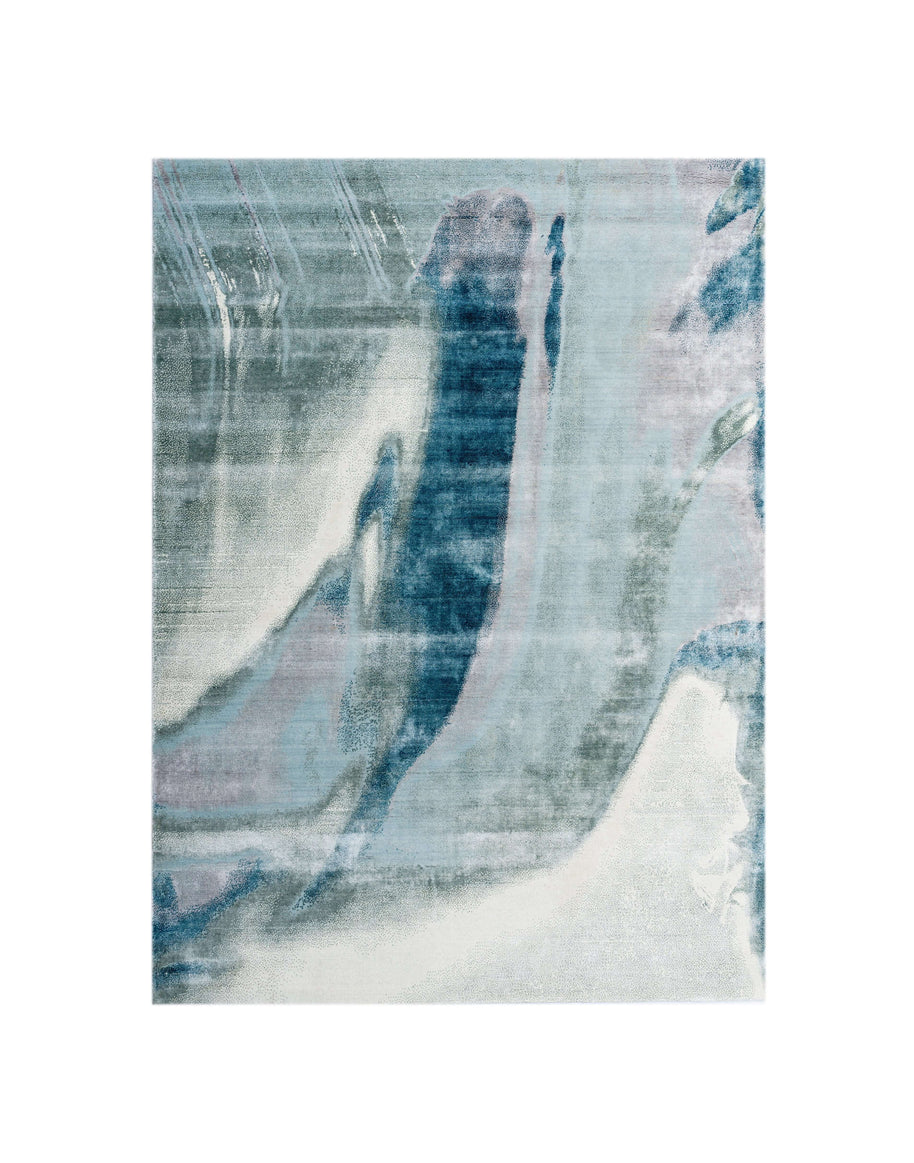 B A X T E R luxury handmade rug by Cherom, New Zealand wool, modern contemporary design in blue tones.