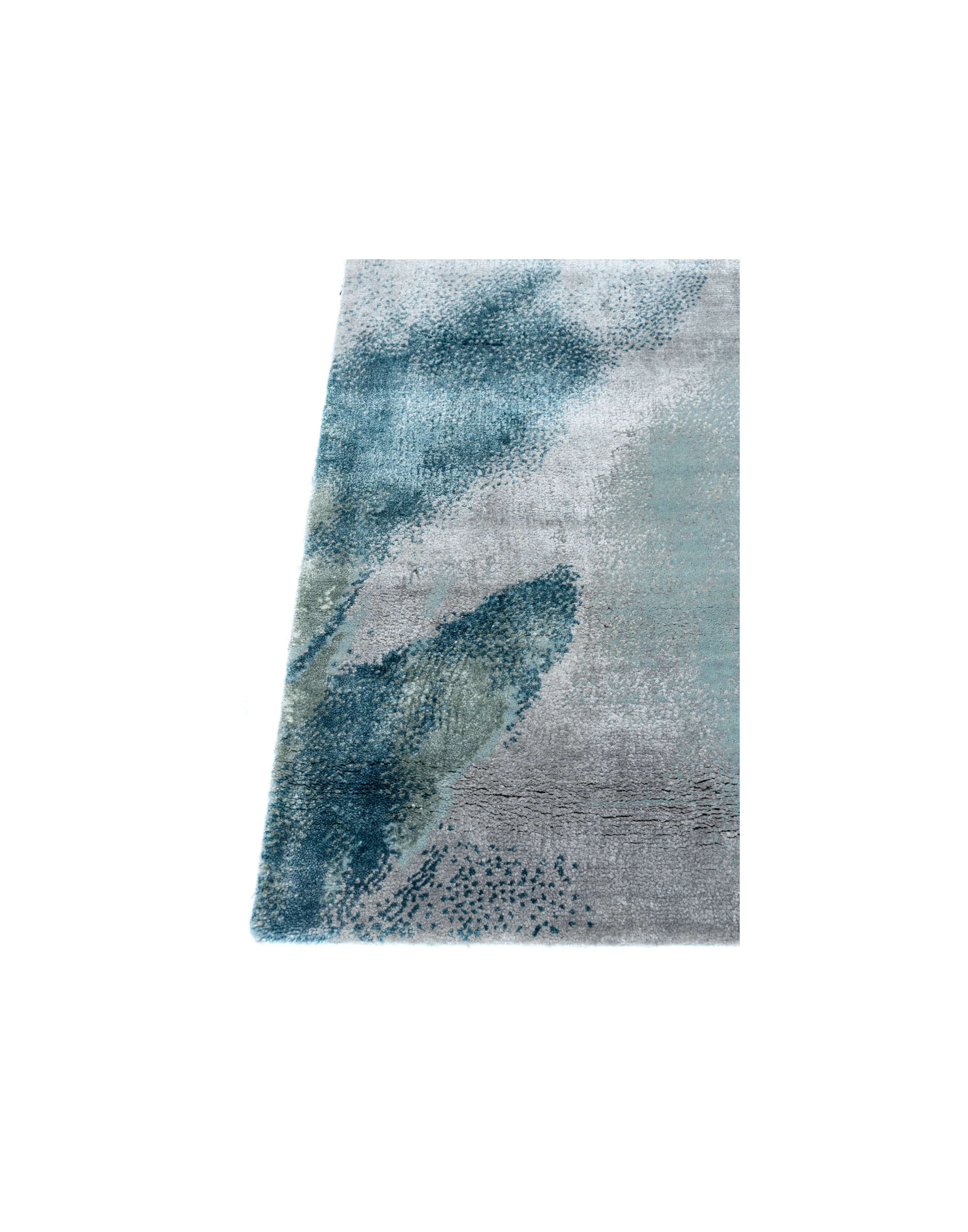 B A X T E R luxury handmade rug by Cherom in blue and grey New Zealand wool, modern contemporary design.